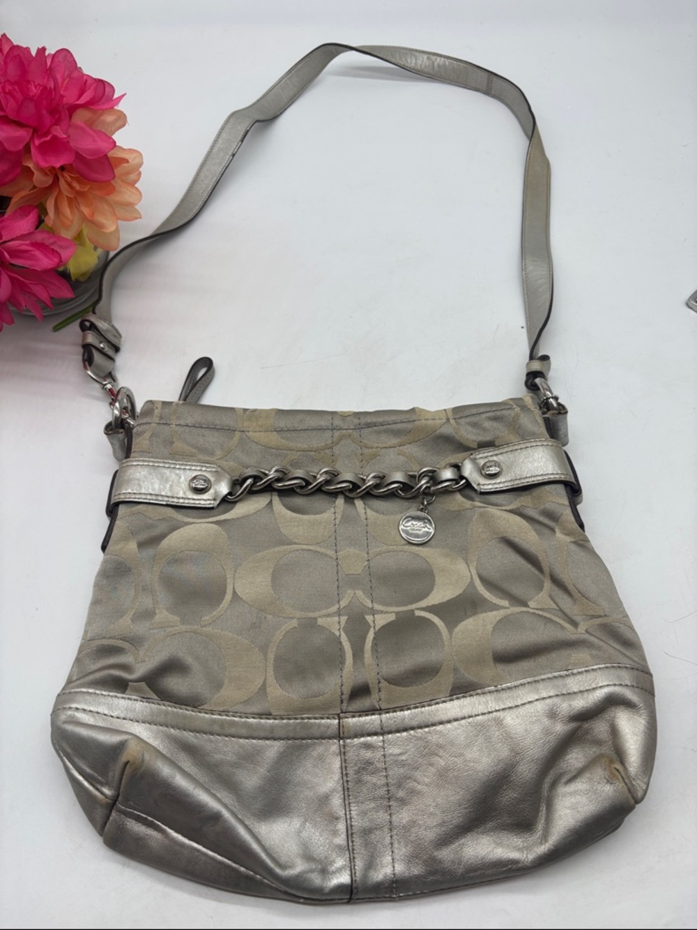 Coach Silver Signature Shoulder Bag with Chain Accent